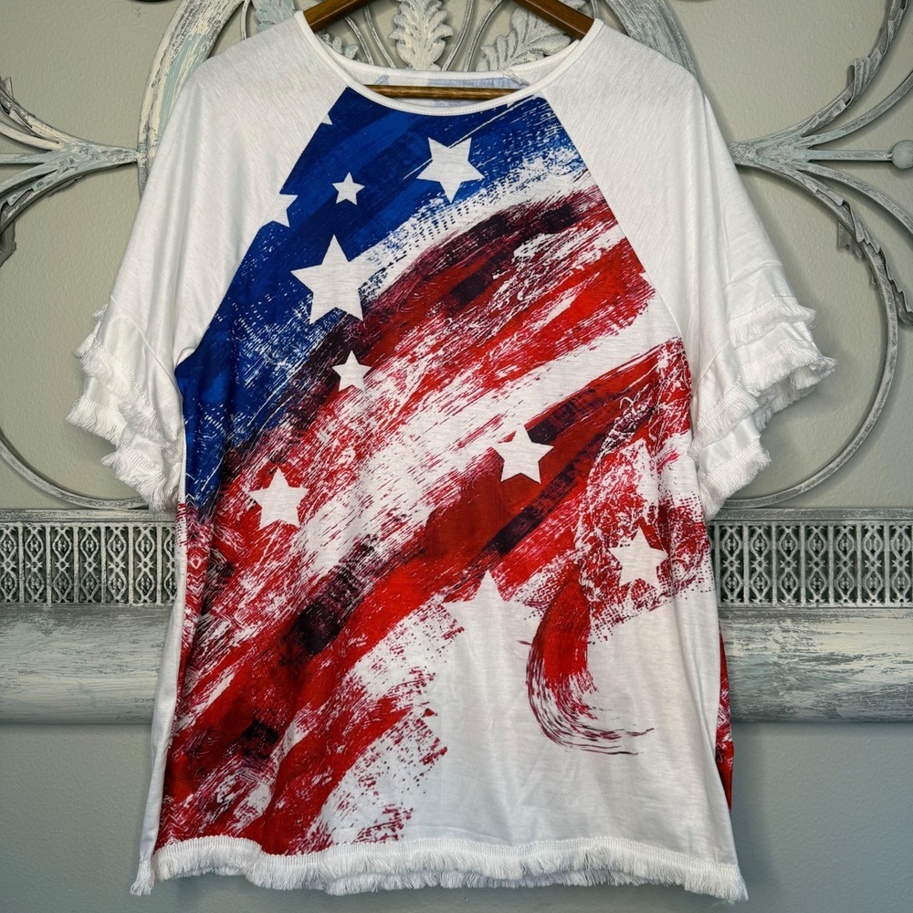 Womens American Flag Fringe Ruffle Sleeve Top Red White Blue Large NWOT